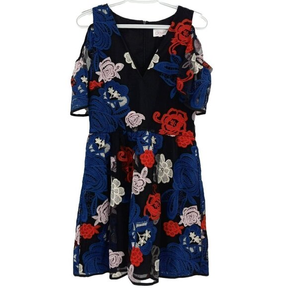 Devlin Kara Floral Embroidered Mini Dress Black Multi Cold Shoulder Boho M - Picture 3 of 10